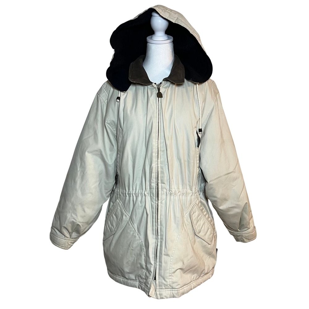 Vintage Utility Jacket Barn Coat Cream Petite Large Outdoor Contrast Collar Hood